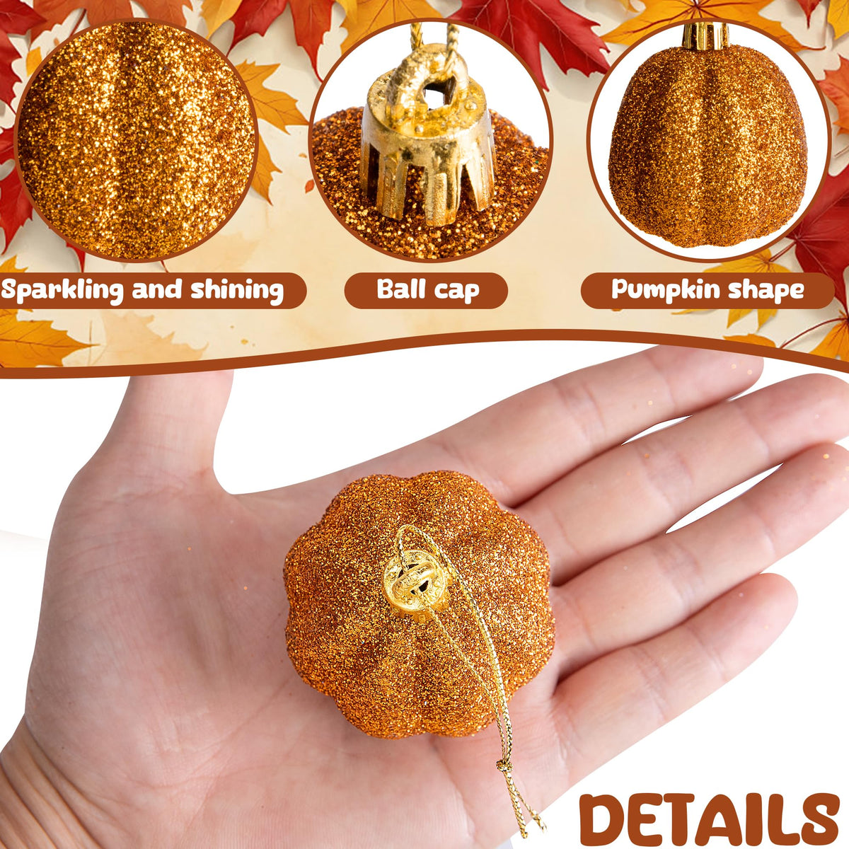 16 Pcs Fall Thanksgiving Pumpkin Hanging Ornaments- 2.2" x 1.8" Glitter Fall Pumpkin Tree Ornaments- Shatterproof Farmhouse Rustic Hanging Pumpkins Decoration for Autumn Thanksgiving Xmas Home Decor
