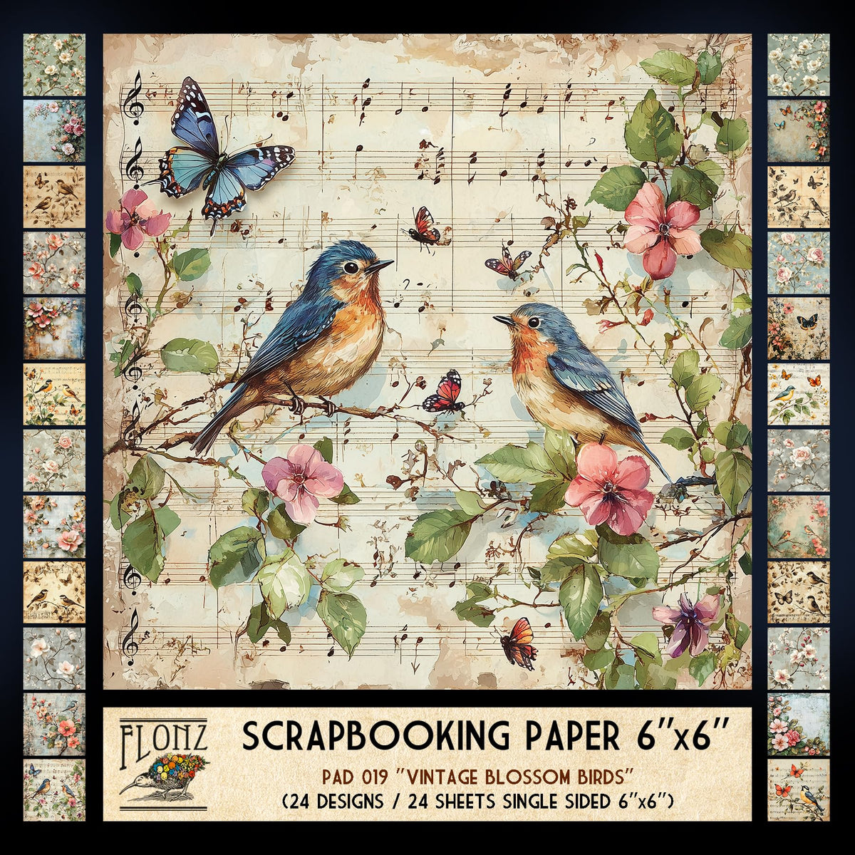 FLONZ Scrapbook Paper (24 sheets 6"x6") Vintage Blossom Birds ~ A delicate collection of floral and songbird illustrations in aged pastel tones with distressed textures and soft painterly charm