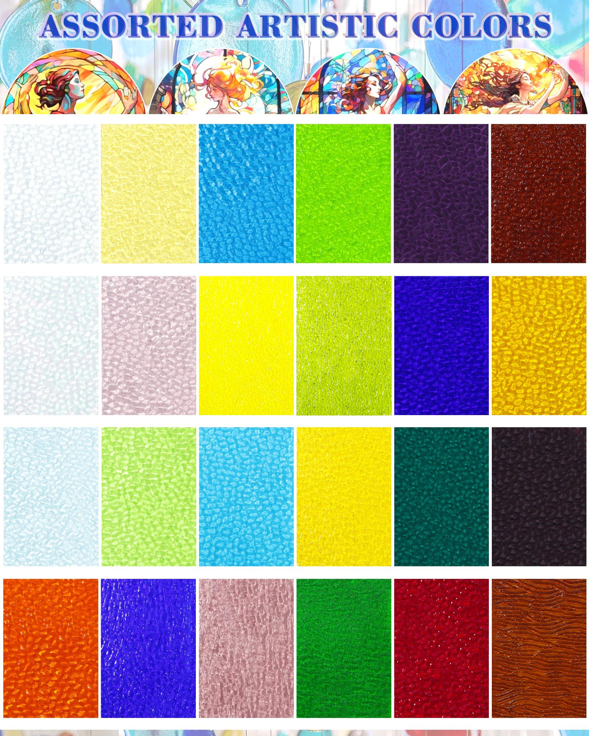 FIVEIZERO 24 Sheets Textured Stained Glass 4x6 Inch – Patterned Cathedral Glass for Privacy Windows, Mosaic Art, Fused Glass, Suncatchers & Lamp Shades – Stained Glass Supplies