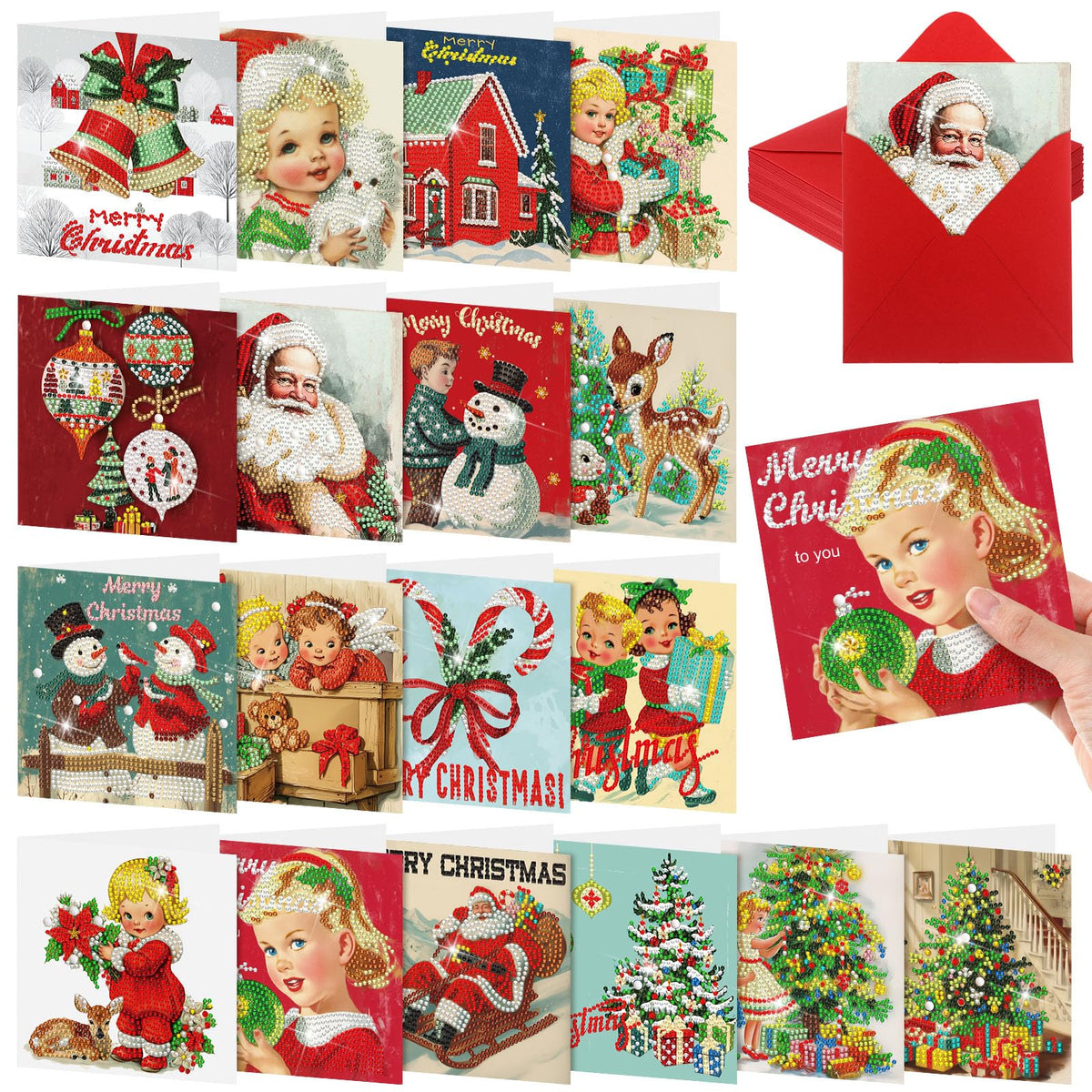 Colarr 18 Pcs Vintage Christmas Diamond Painting Greeting Card with Envelopes 5d DIY Diamond Art Snowman Santa Cards for Adults Craft Family Birthday Gifts Including 3 Pen 1 Tray 1 Sticky Wax
