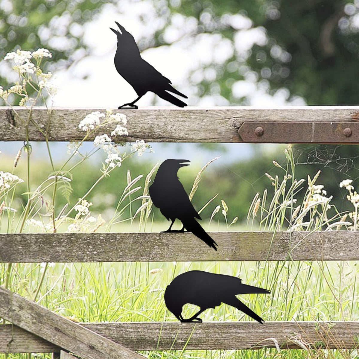 Set of 3 Metal Raven Statues - Gothic Crow Decor for Outdoor Fence Topper, Garden, and Halloween Displays | Fake Crow Ornament for Witchy Garden Decor Yard, Patio & Lawn | Unique Halloween Raven Gift