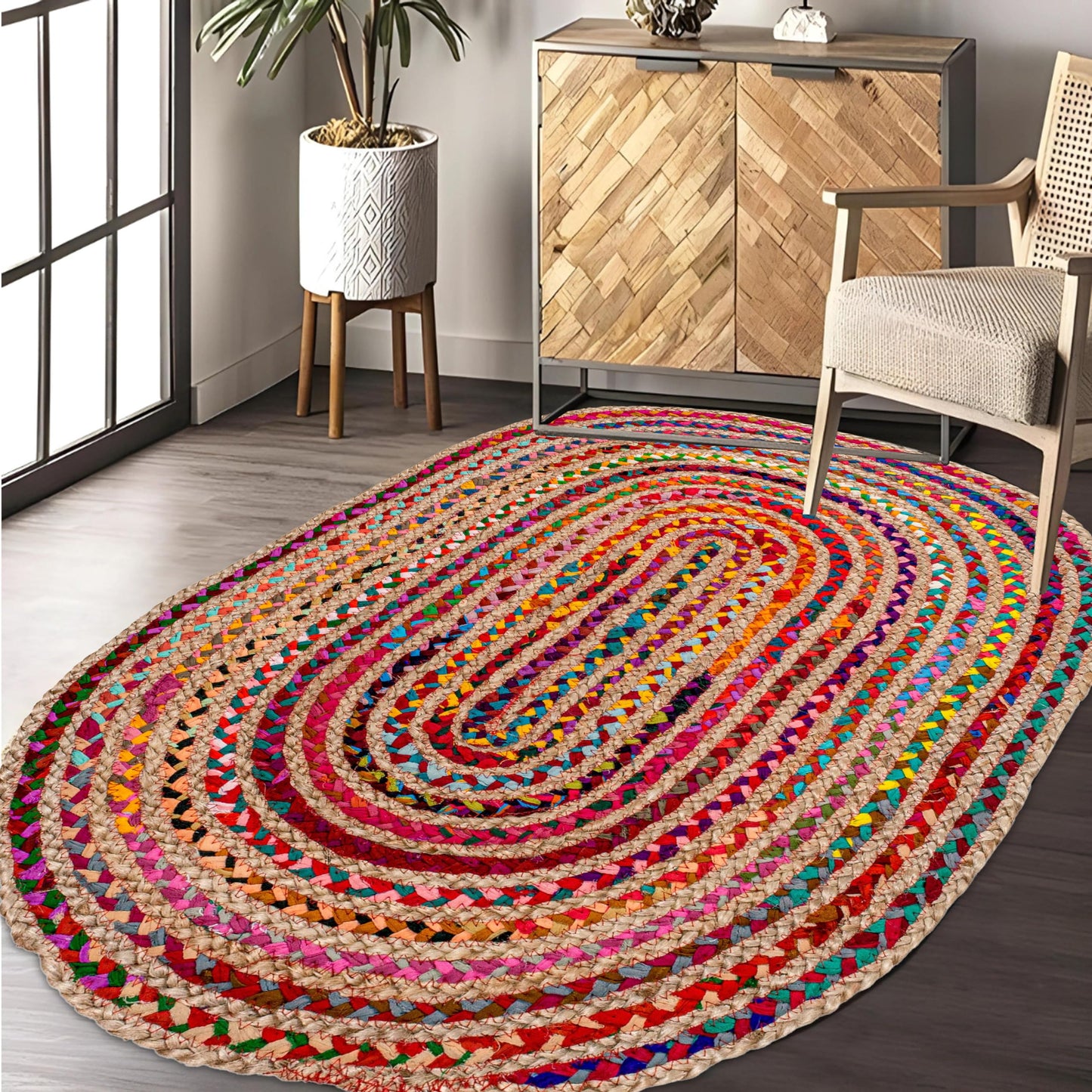 Savi Home Oval Jute Cotton Chindi Rug 3'x5' – Multicolor Braided Area Rug for Living Room, Kitchen, Entryway, Farmhouse & Bathroom – Handwoven Recycled Cotton Floor Mat