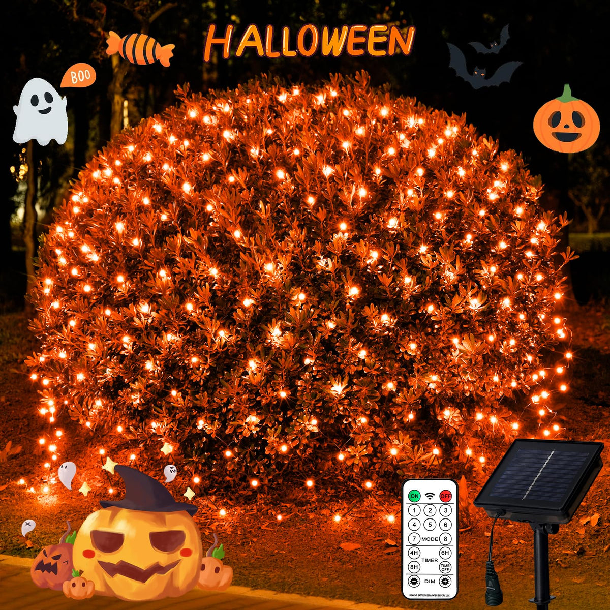 JMEXSUSS Orange Solar Halloween Lights Outdoor, 320 LED 9.8ft x 6.6ft Solar Net Lights Outdoor Waterproof, Solar Lights with 8 Modes Remote for Halloween Decorations