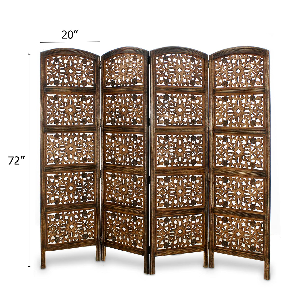Room Divider Wood Screen - Rajasthan Antique Brown - 4 Panel Folding 72 x 80 - Intricate Hand Carved Decorative Functional Versatile Portable Partition Reversible Freestanding Privacy - COTTON CRAFT