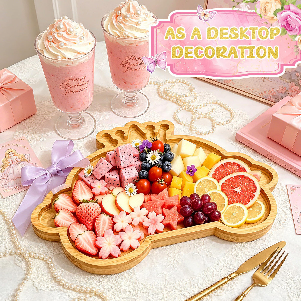 1 Pcs Princess Birthday Party Decorations Wooden Pumpkin Carriage Charcuterie Board Once Upon a Time Party Supplies Platter for Tabletop Reusable Food Trays for Sweet Baby Girls Birthday Party Favors