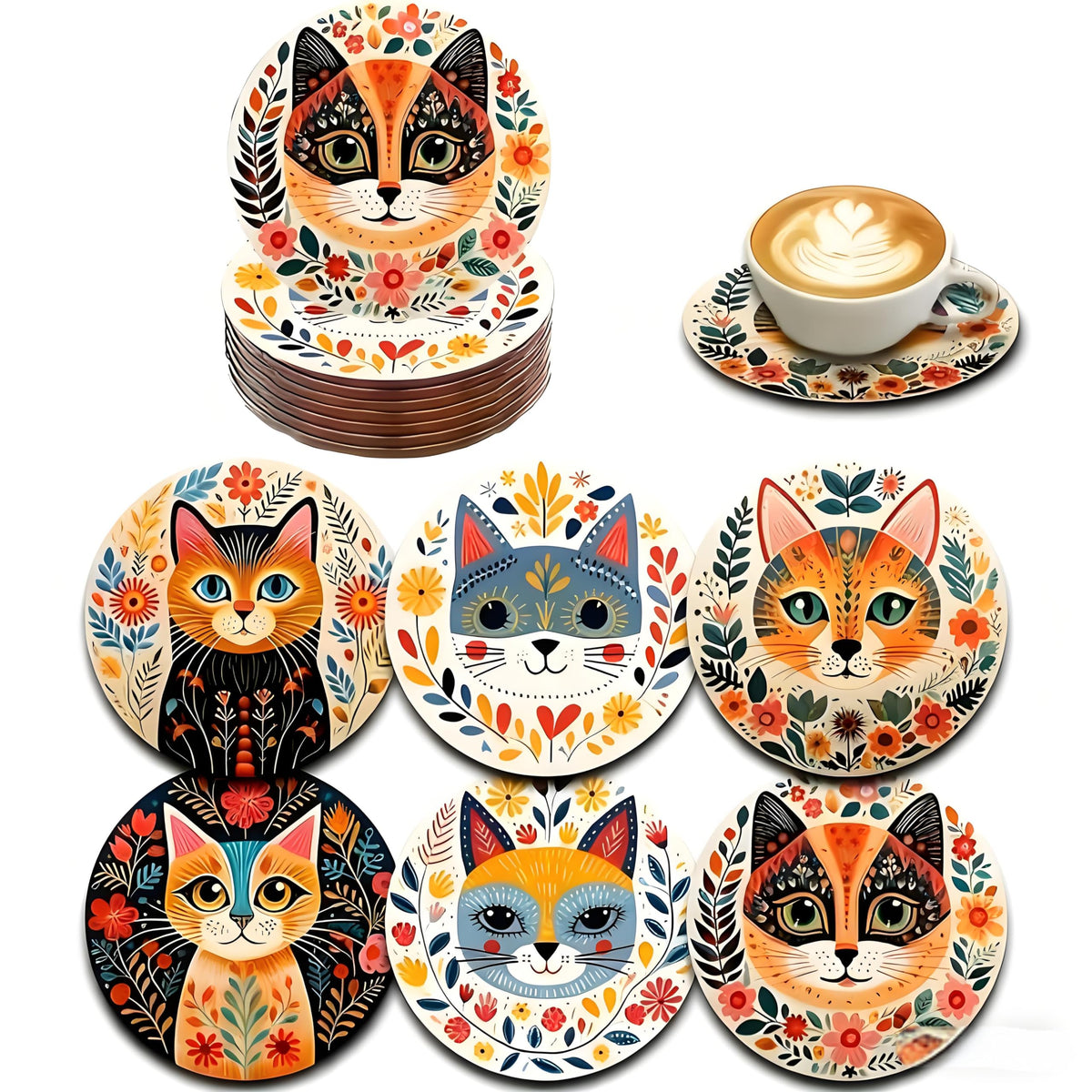 Monattrod Wood Coasters Set of 6 - Handcrafted Drink Coaster Thick Heat-Resistant for Office, Bar, Farmhouse - Cute Cat Drink Cup Coasters for Table Protection