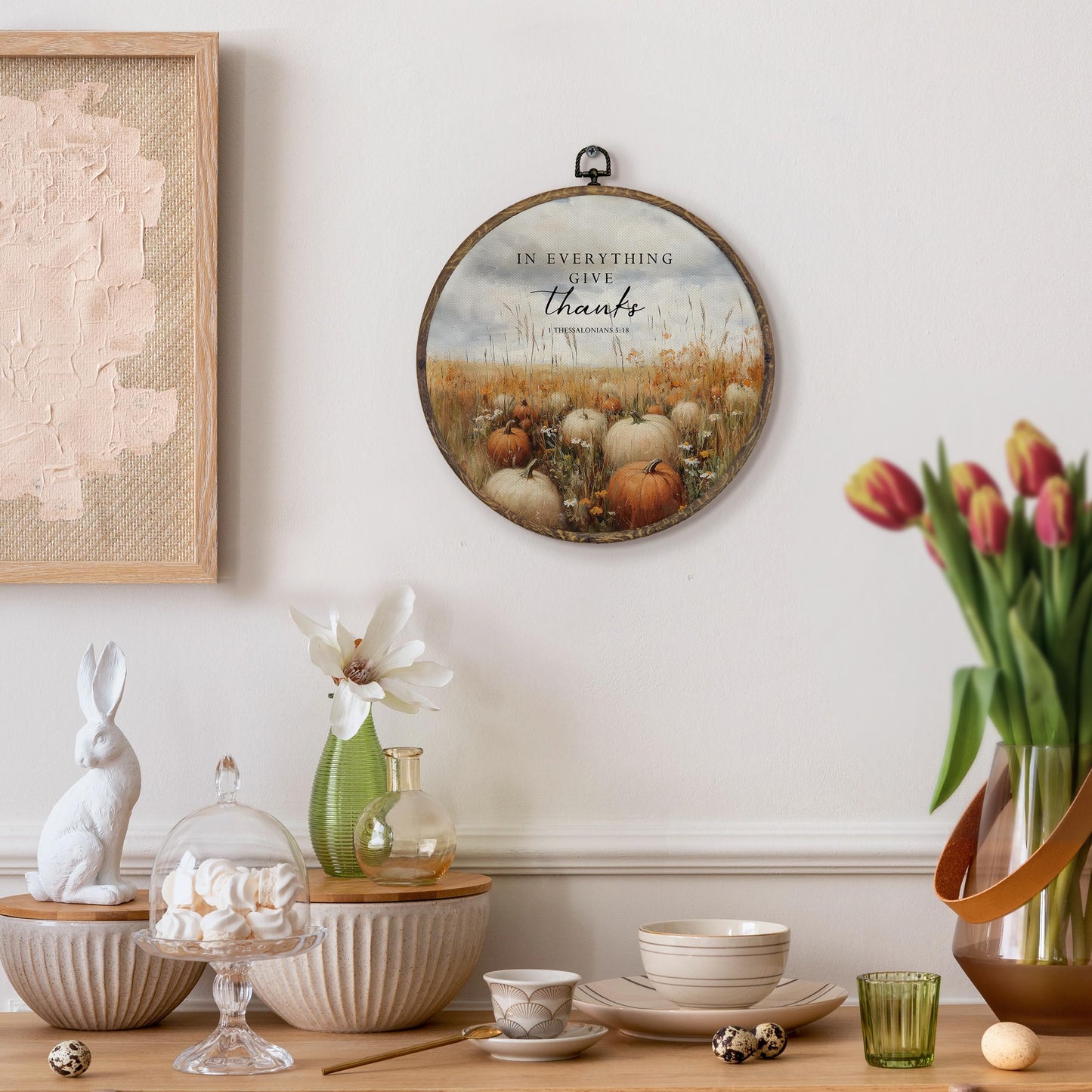 KFXHANGD Fall Christian Round Wall Art Framed, Fall Wall Decor, Autumn Pumpkin Canvas Art, In Everything Give Thanks Hanging Decor for Farmhouse Bedroom Bathroom Living Room, 10x10inch
