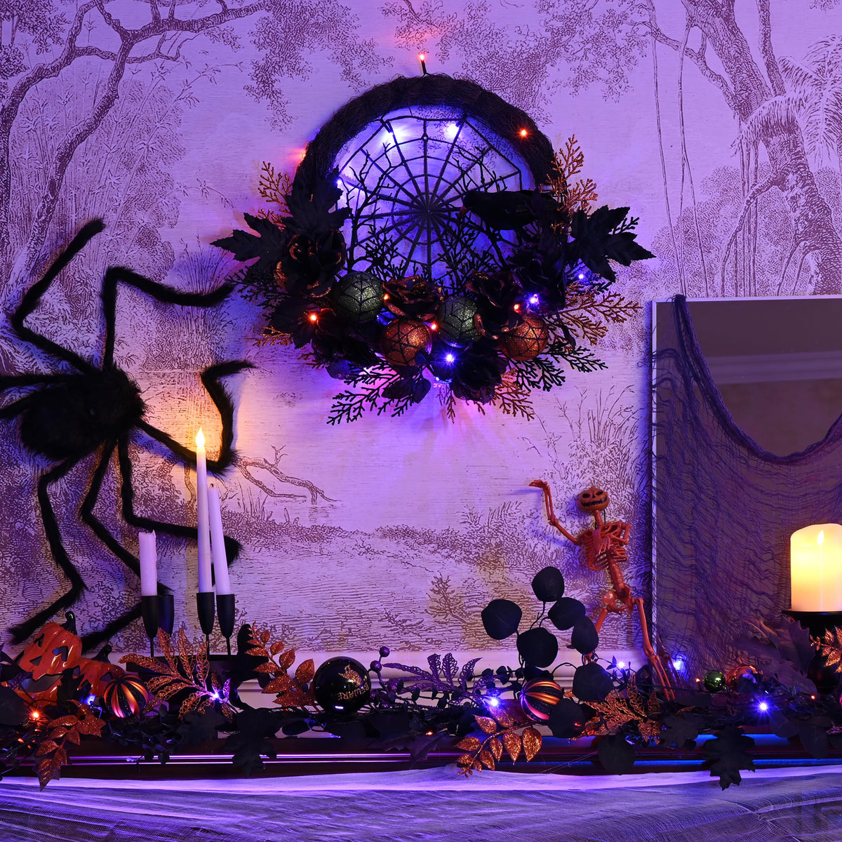 Valery Madelyn Halloween Garland for Mantel with Lights, 6 Feet Pre-Lit Jack-o'-Lantern Pumpkins and Ball Garland Decorations for Table Centerpiece Mantle Indoor Stair Home Decor