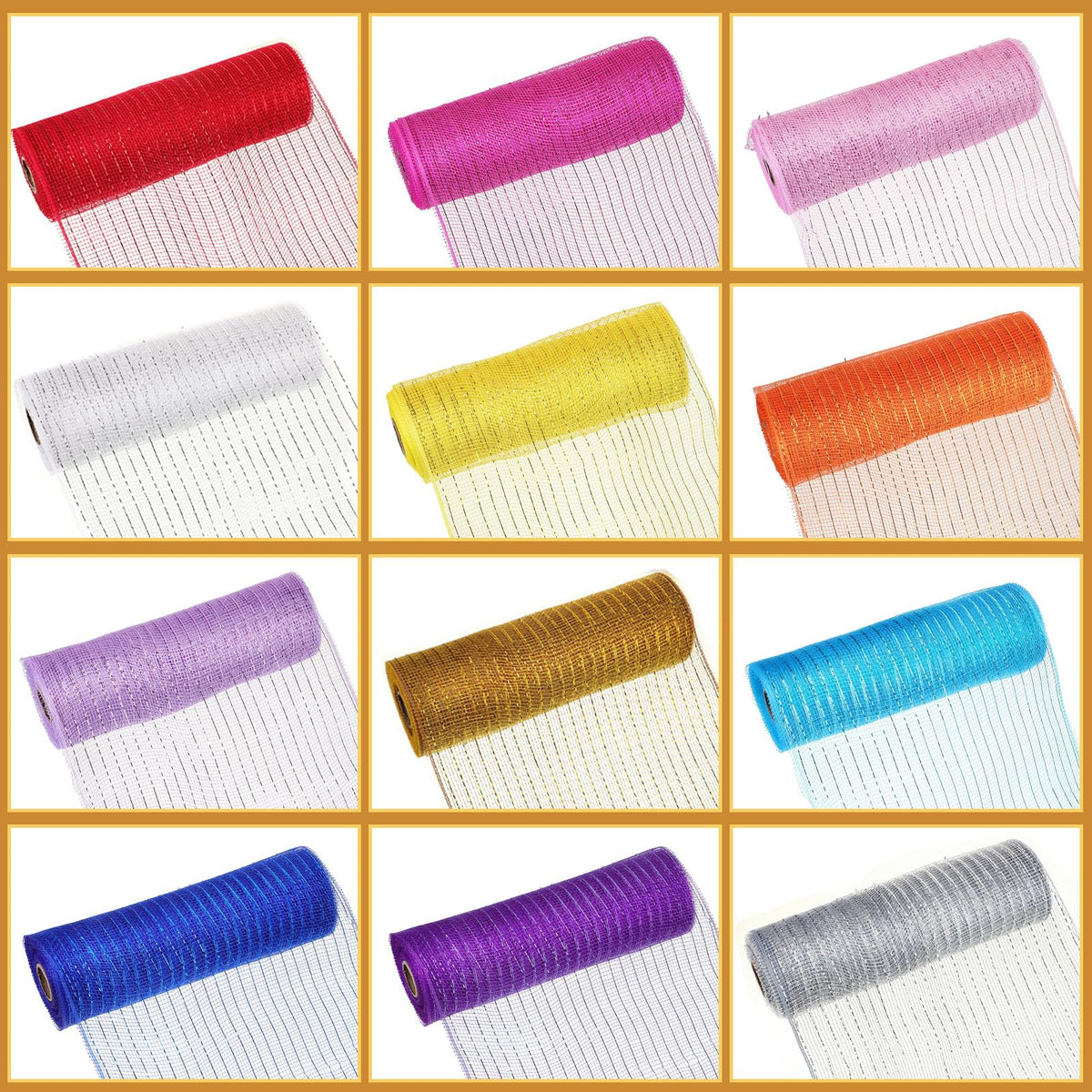 Timgle 12 Rolls 10 Inch Deco Mesh Ribbon for Wreath Making - 120 Yards Total, Metallic Mesh Foil Poly for Spring Summer Crafts, Home Door Wreaths DIY Supplies 30ft Each Roll(Modern Color)
