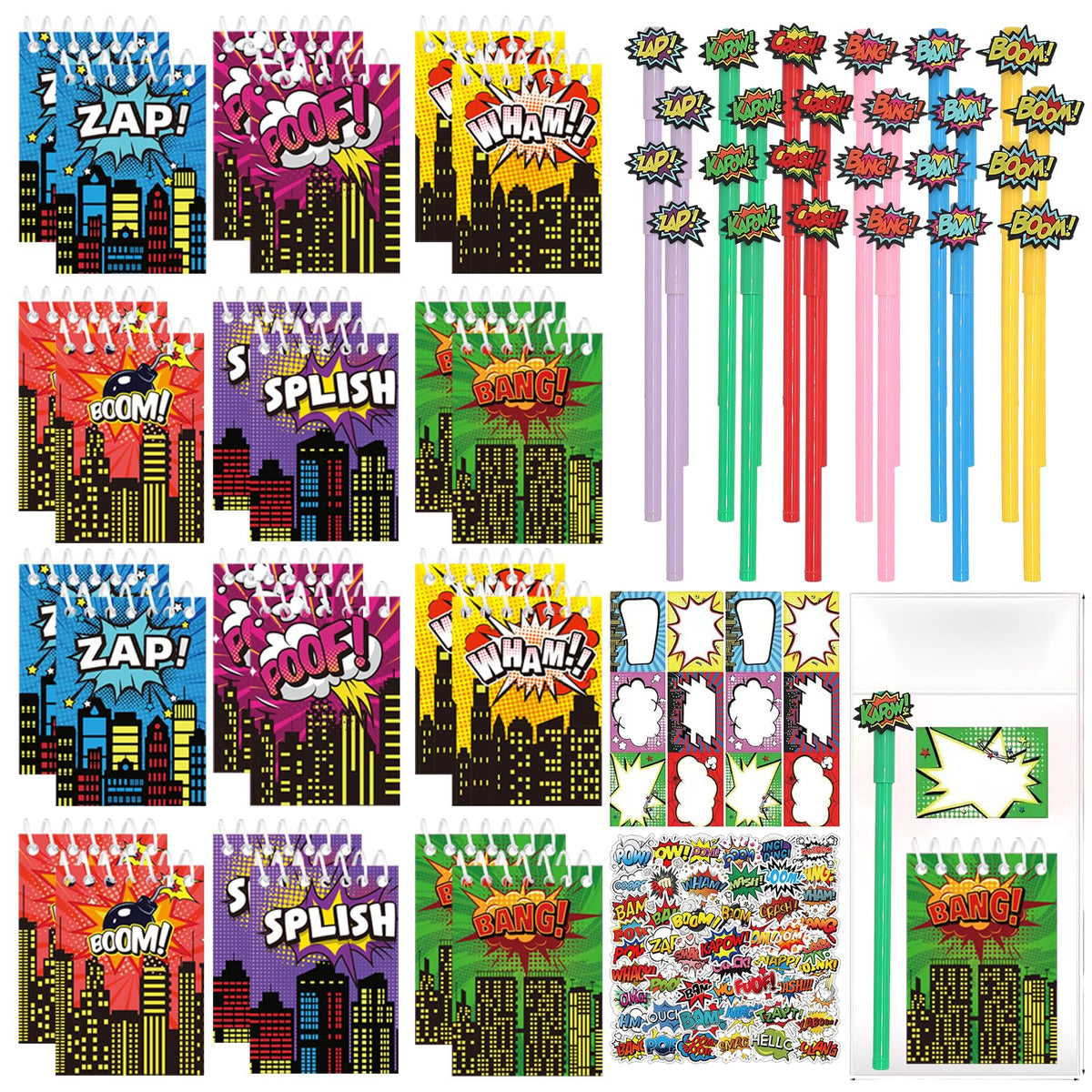 APZ 196 Pcs Hero Party Supplies Favors Include 24 Pack Spiral Notepads Ballpoint Pens Name Sticker Bags 100 Pcs Stickers for Party Birthday Goodie Bag Stuffers Teacher Classroom Rewards Supplies