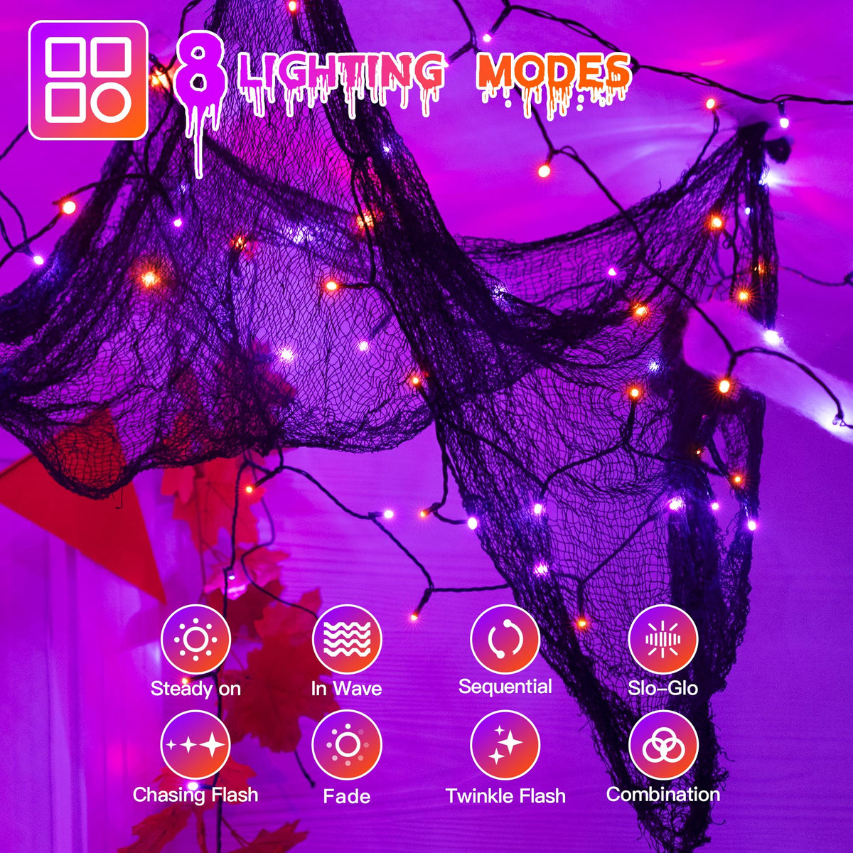 Guhope 66FT 200 LED Halloween Lights, Orange + Purple Halloween Lights Outdoor with 8 Lighting Modes, Waterproof String Lights for Halloween Christmas Outdoor Party Yard Garden Decoration