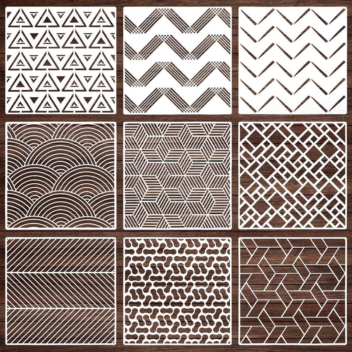 9 Pieces Tile Stencil Set Geometric Wall Stencil Modern Wall Stencil Modern Geometric Tile Template Reusable Wall Template Plastic Drawing Stencils for Ceramic Tile Wood Wall Home Decor (12 x 12 Inch)