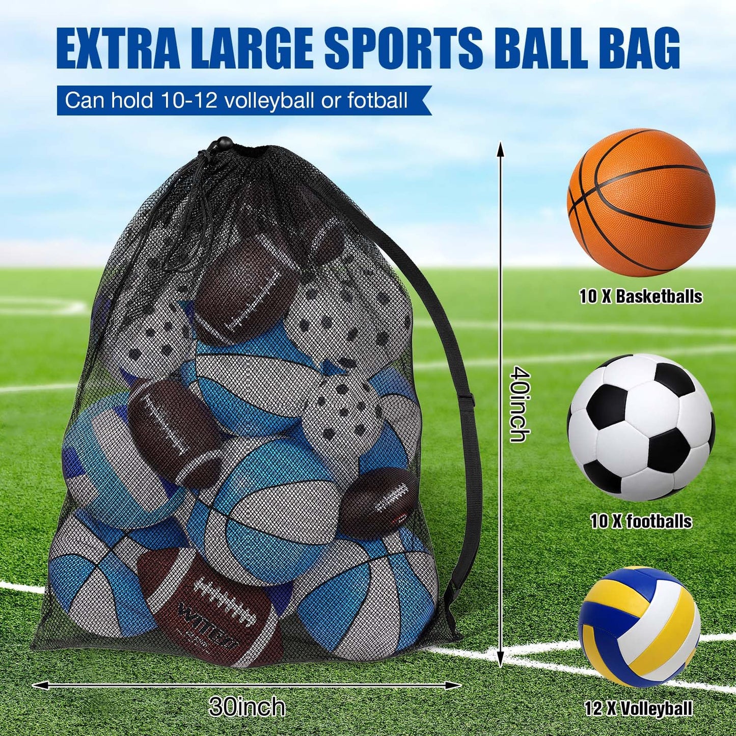 Shappy 6 Pack Extra Large Sports Ball Bag 30 x 40 Inches Mesh Soccer Basketball Bags Large Mesh Pouch with Adjustable Shoulder Strap for Football Volleyball Gym Sports Equipment