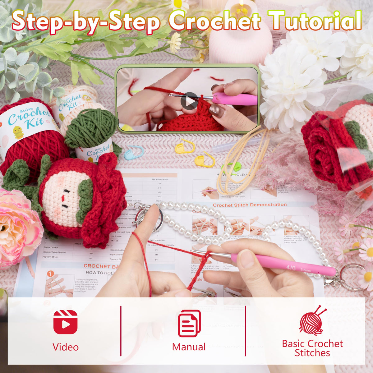 Alvian Handmade Crochet Rose Dumpling Fairy with Keychain - Flower Bouquet Beginners Crochet Kit for Valentine's Gifts, Birthday, Anniversary, Everlasting Rose Flower Craft Kit