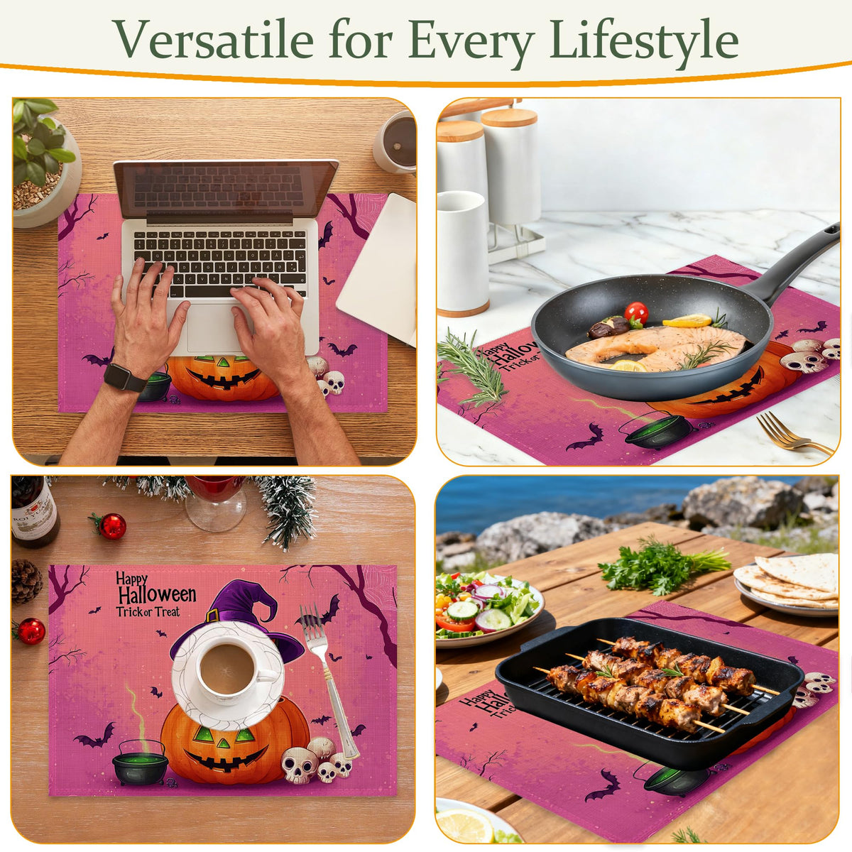 Black Cat Table Placemats Set of 6,Non-Slip Halloween Pumpkin Fabric Placemats for Dining Room Kitchen Party Holiday, Indoor Cloth Table Mats for Home Decor 11.8x17.7 Inch