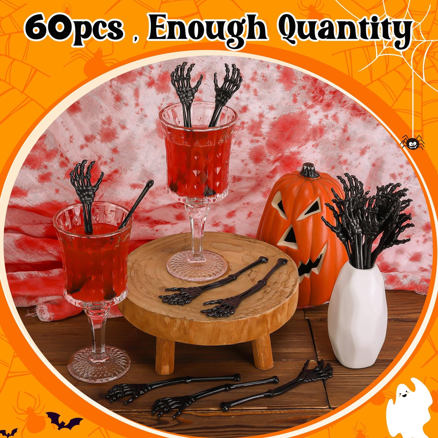 RunNico 60 Pcs 5.9''x1.5'' Halloween Skeleton Cocktail Stirrers, Reusable Skeleton Hand Swizzle Sticks, Halloween Plastic Drink Stirrer for Home Bar Horror Party Table Decorations
