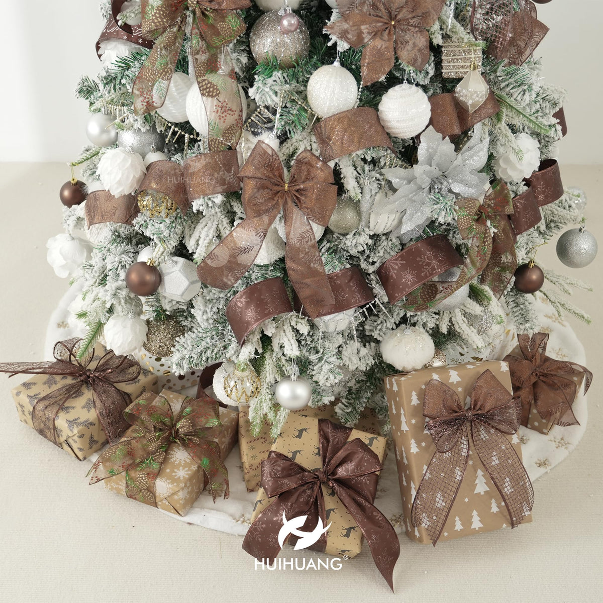 HUIHUANG Brown Wired Ribbon for Christmas Tree Pine Cone Ribbon Wired Brown Glitter Christmas Ribbons for Bows, Wreaths, Garland, Wrapping Crafts, Fall Decorations (2.5" x 6 Rolls, 36 Yds Total)