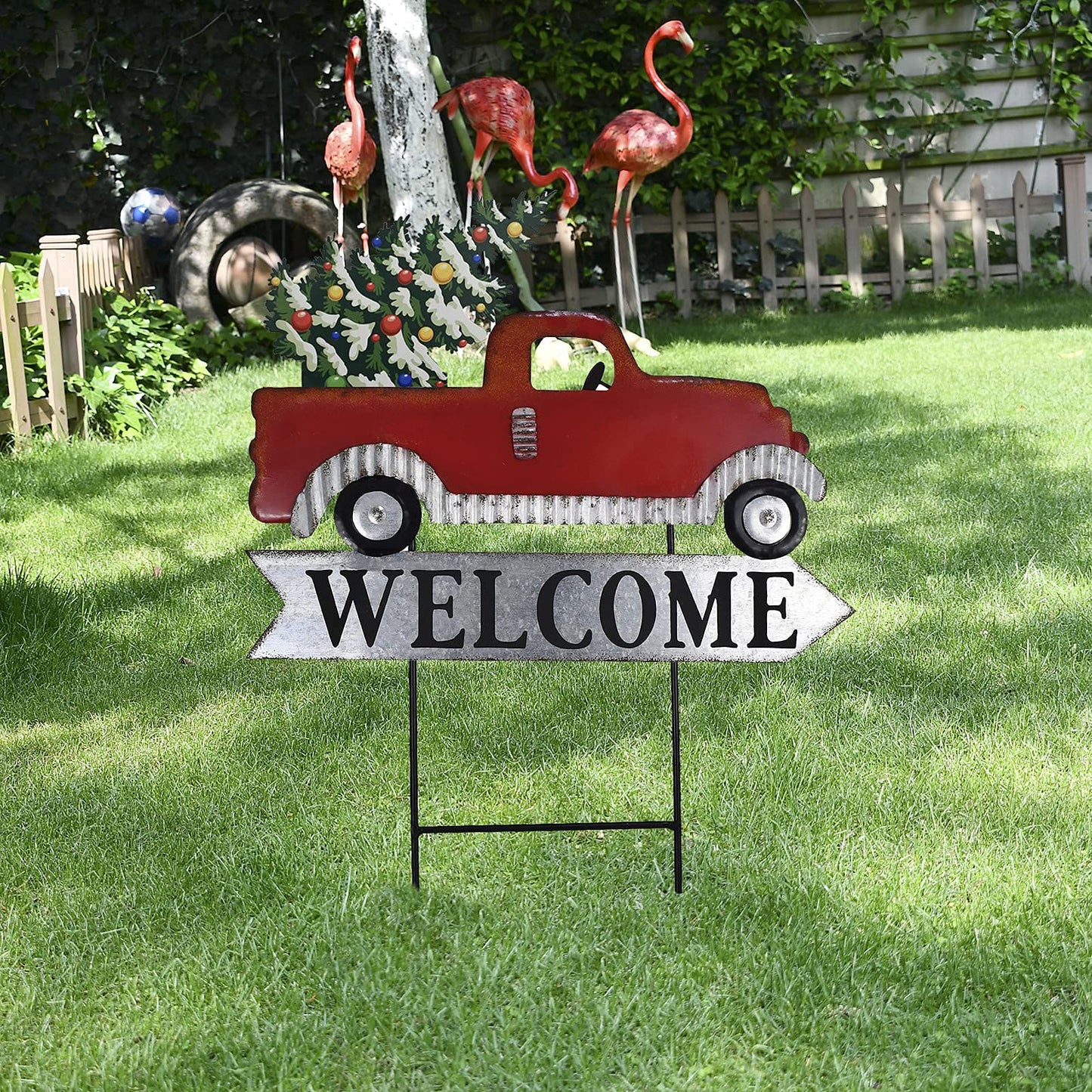 Red Truck Christmas Yard Sign with Interchangeable Christmas Tree Pumpkin Ornament Loads Rustic Metal Pickup Welcome Yard Sign Xmas Outdoor Garden Lawn Stake