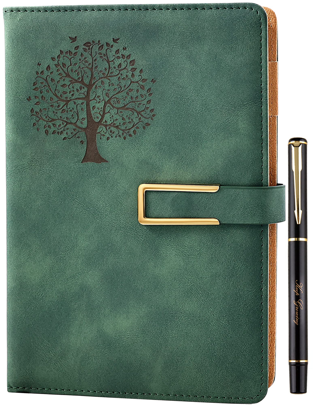 Fanery Sue Tree of Life Refillable Writing Journal for Women&Men Faux Leather Hardcover Notebook A5 College Ruled 200 Lined Pages Lay-Flat Personal Diary with Pen&Magnetic Buckle (Tree of Life-Green)
