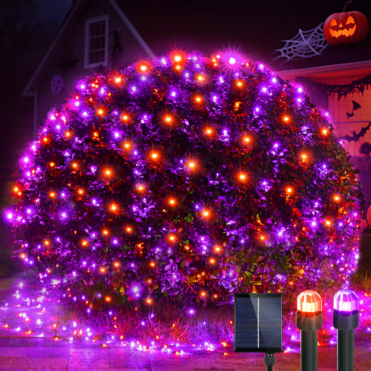 WBao Solar Halloween Lights Outdoor 200LED F8 Big Bulbs, 8.4ft x 5.2ft Orange Purple Net Lights with Remote, 8 Modes, Timer, Connectable, Waterproof & Dark Green Wire for Lawn, Bushes Halloween Decor