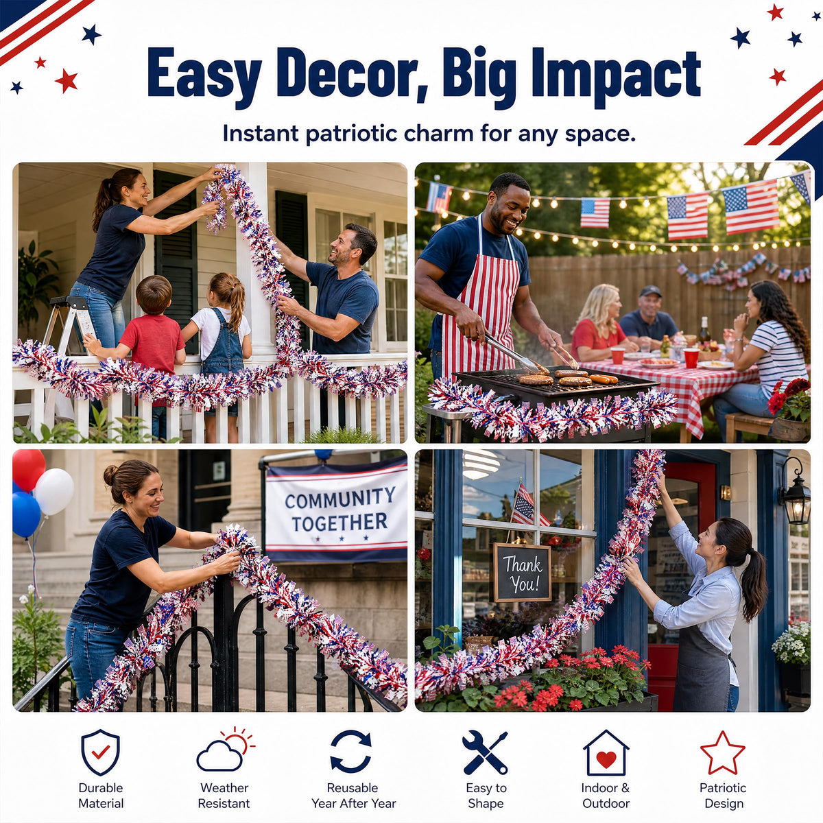 50 FT 4th of July Garland, Indoor & Outdoor Red White and Blue Patriotic Tinsel with American Flags, US Party Decor for Mantel, Stairs, Porch Railings, Golf Cart, Parade Float & America 250