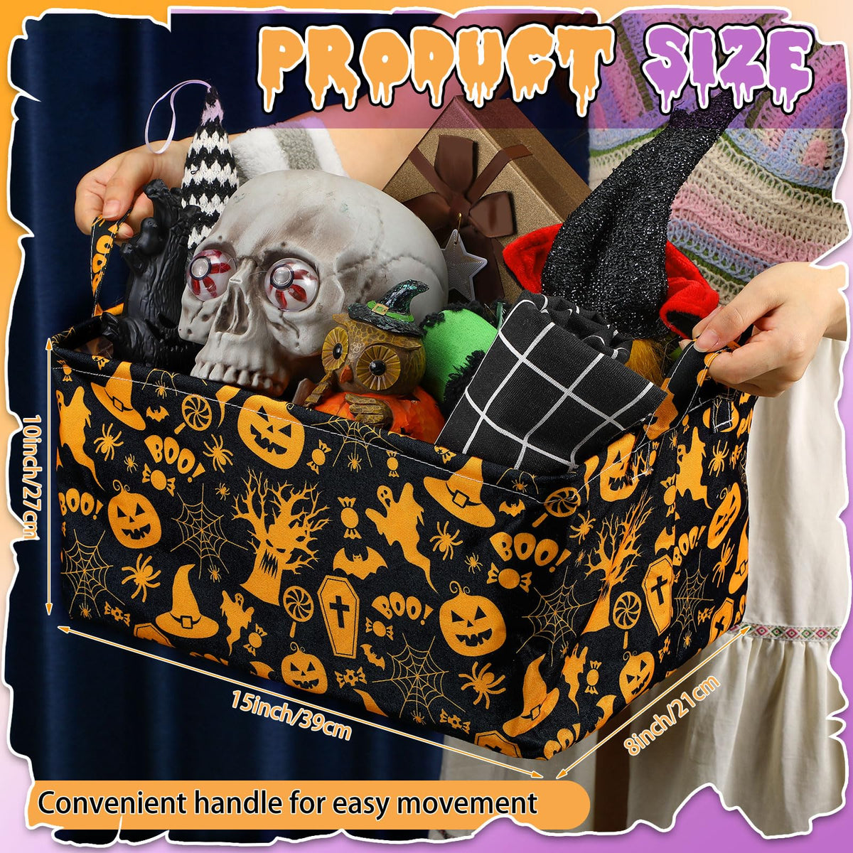 Breling 4 Pcs Halloween Baskets Boo Basket Gift Pumpkin Ghost Baskets with Handles Large Collapsible Storage Bins Boxes for Trick or Treat Gift Books Laundry Shelves Home Storage, 15 x 10 x 8 Inch