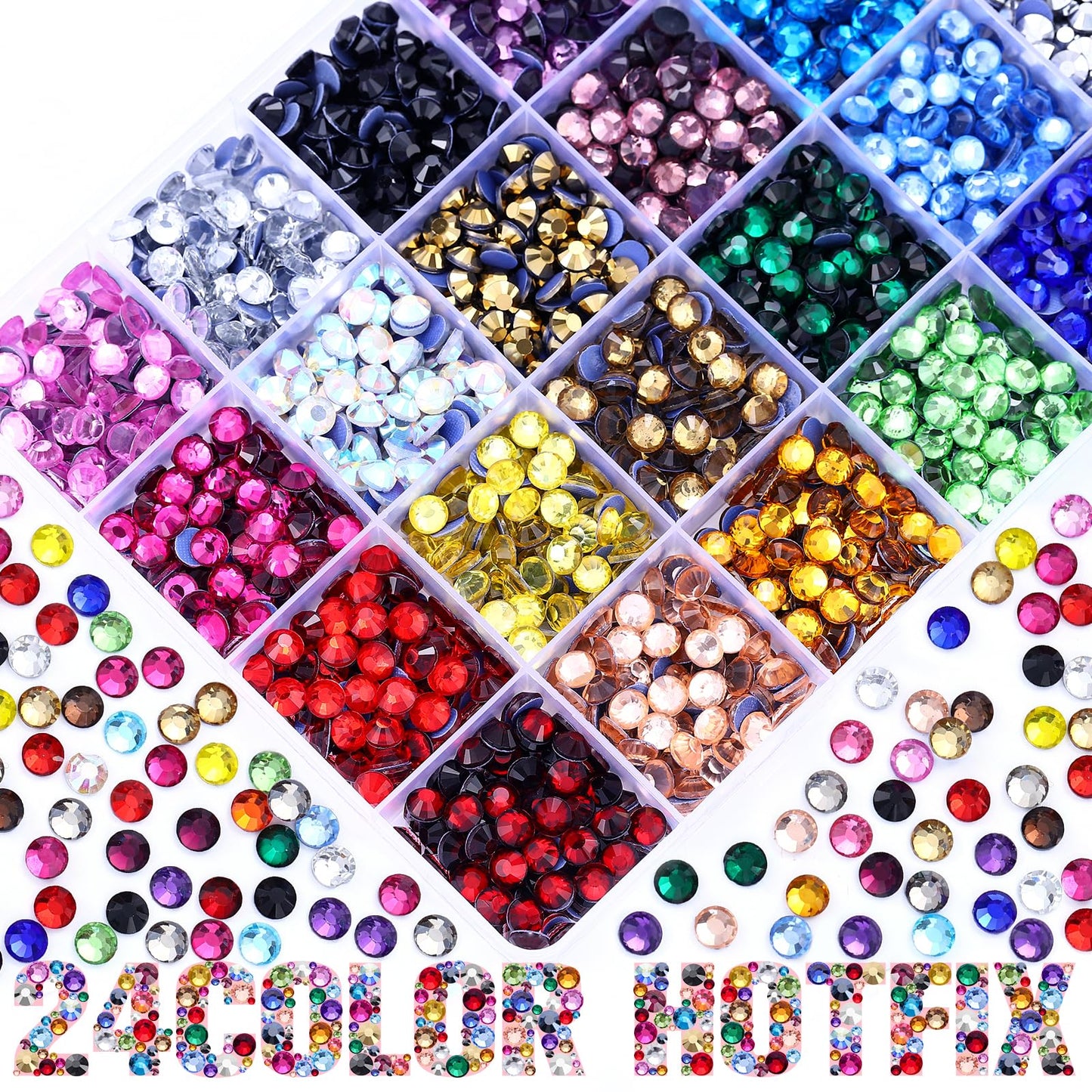 24 Colors Hotfix Rhinestones Kit, SS20 Glass Flatback Crystals for Clothes, Hats, Shoes & Crafts with 4 Tools, Tweezers, Wax, Pencil, Spoon hot fix kit(Color B)