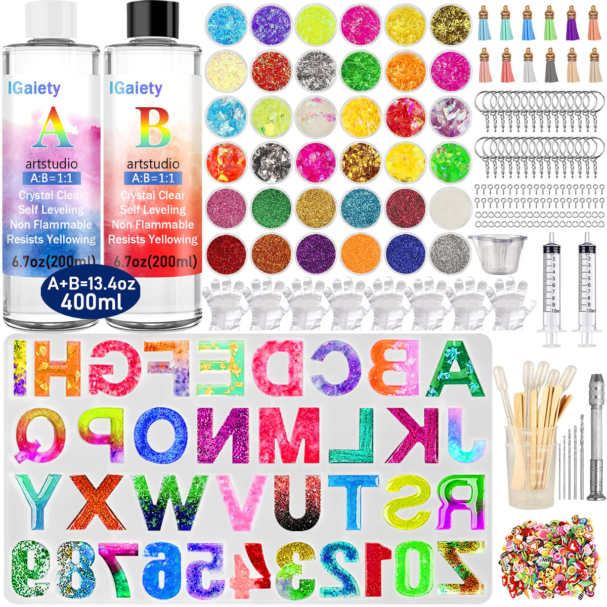 IGaiety Letter Molds Backward Alphabet Mold Starter Kit 206 pcs Silicone Number Molds Epoxy Resin Mold with Accessories for Resin Beginner Jewelry Keychain Craft Making Casting Large Set