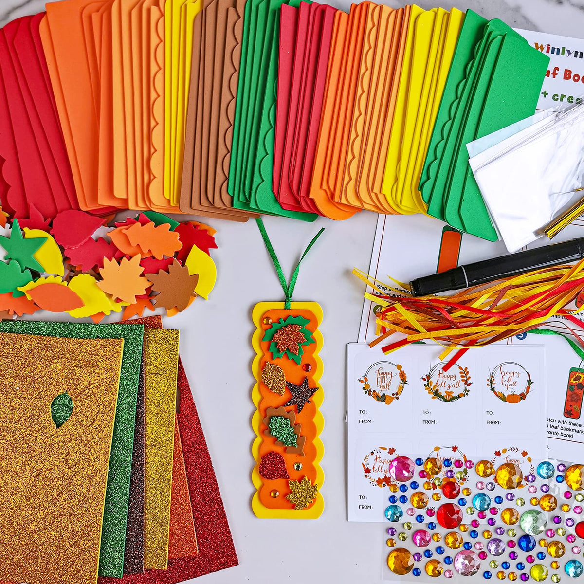 Winlyn 36 Sets Fall Craft Kits Autumn Crafts DIY Leaf Bookmarks Decorations Art Sets Maple Leaf Glitter Foam Stickers Arts and Crafts for Kids Thanksgiving Halloween Classroom Activities