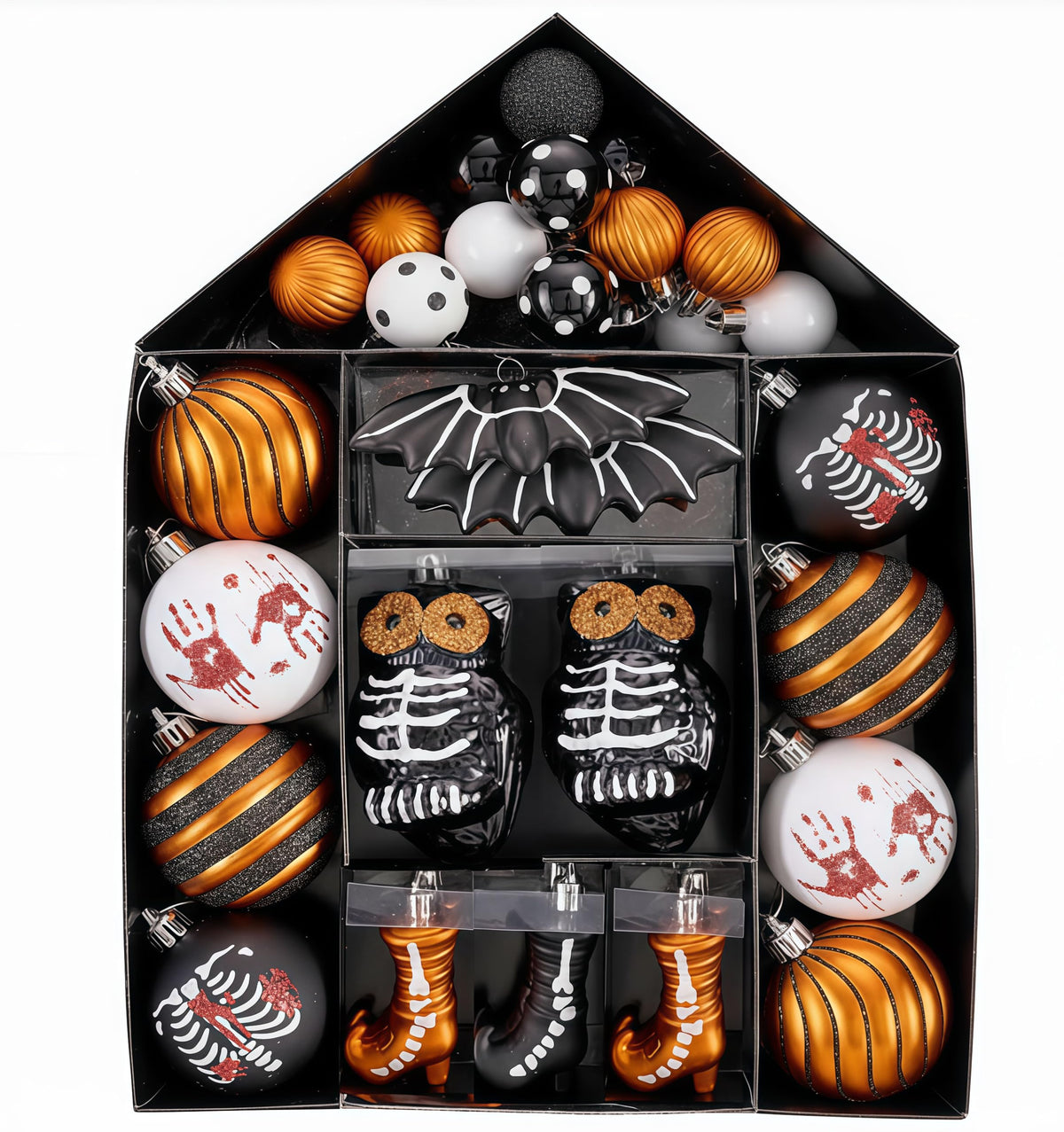 Valery Madelyn Halloween Ornaments Tree Decorations Indoor, 40ct Medium Set Variety Shatterproof Scary Skeletons Owl Bats Hanging Ball Ornaments Set for Small Tree, Spooky Holiday Party Home Decor