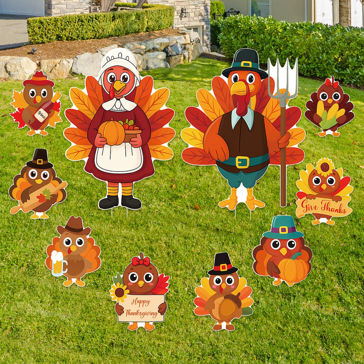 10PCS 20x12Inch Thanksgiving Yard Signs with Stakes Outdoor Turkey Decorations Waterproof Thanksgiving Lawn Decor for Garden Porch Farmhouse Party