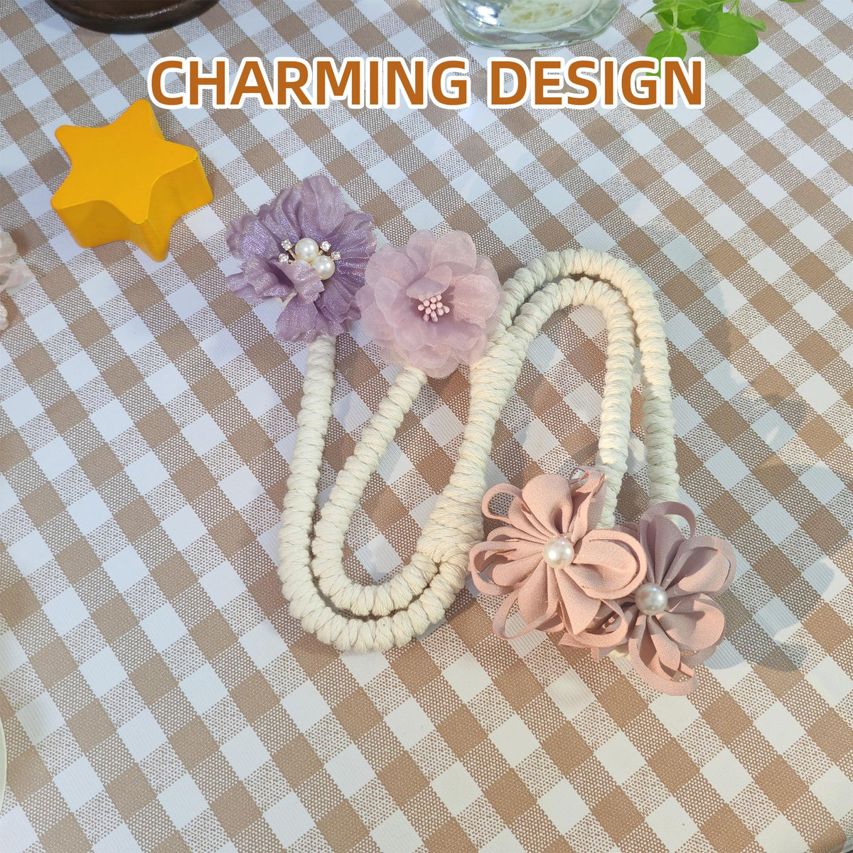 Flower Curtain Tiebacks with No Drill Installation, Fancy Decorative Holdbacks for Living Room, Bedroom, and Dining Room – Easy to Install and Adjustable, 2pcs Purple