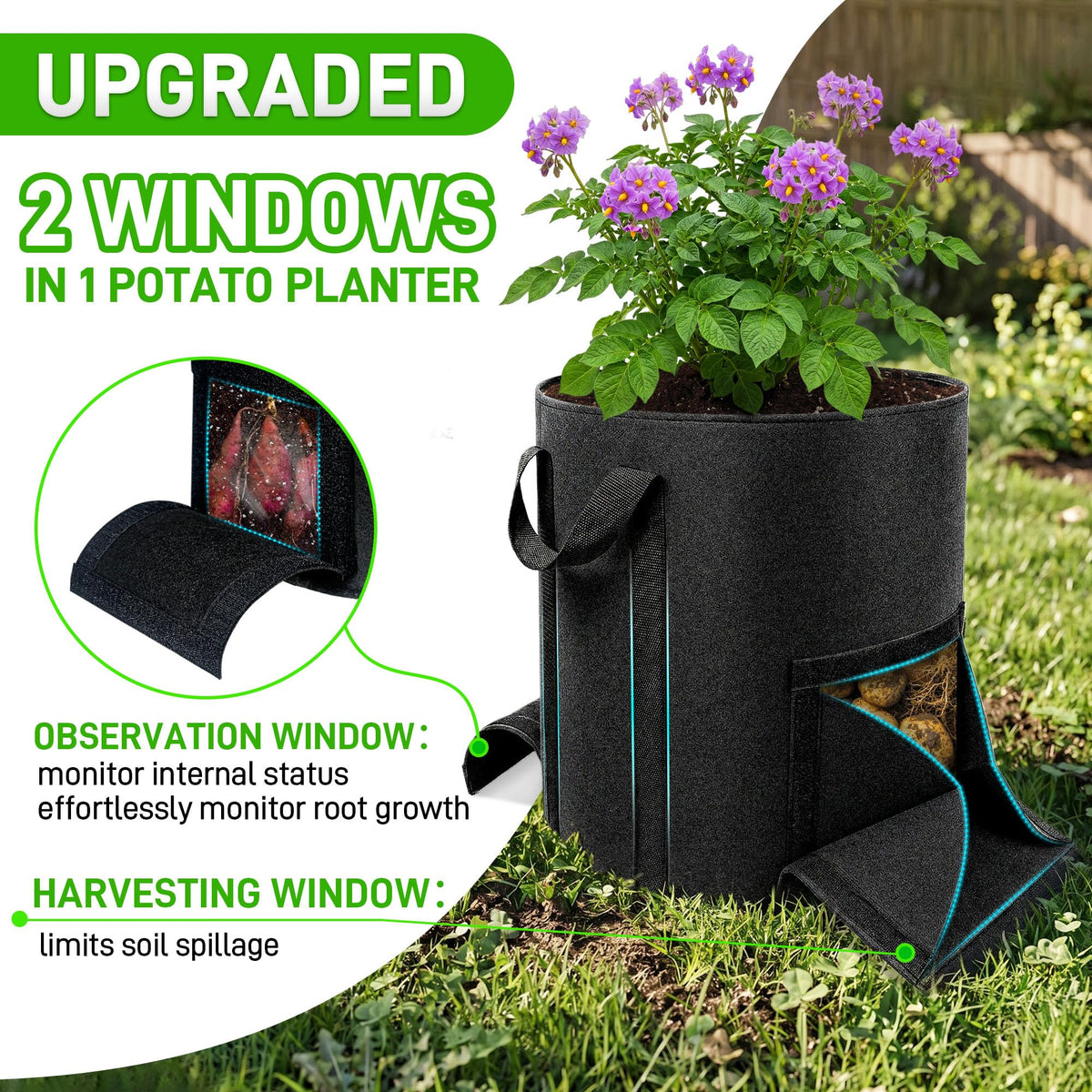 Mulctun 3Pcs 20 Gallon Potato Grow Bags, Grow Bags with Harvest & Visible Windows,Potato Bags for Growing Potatoes with Sturdy Handles,Potato Growing Containers for Growing Potatoes Vegetables
