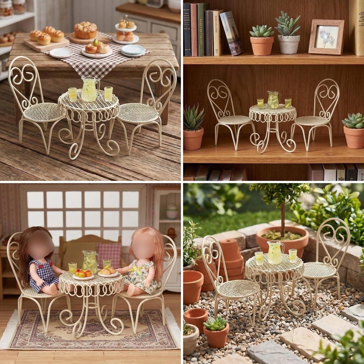 6 PCS Dollhouse Miniature Bistro Table & Chairs Set with Lemonade Pitcher and Cups 1 12 Scale Metal Furniture Fairy Garden Kitchen Decoration Accessories
