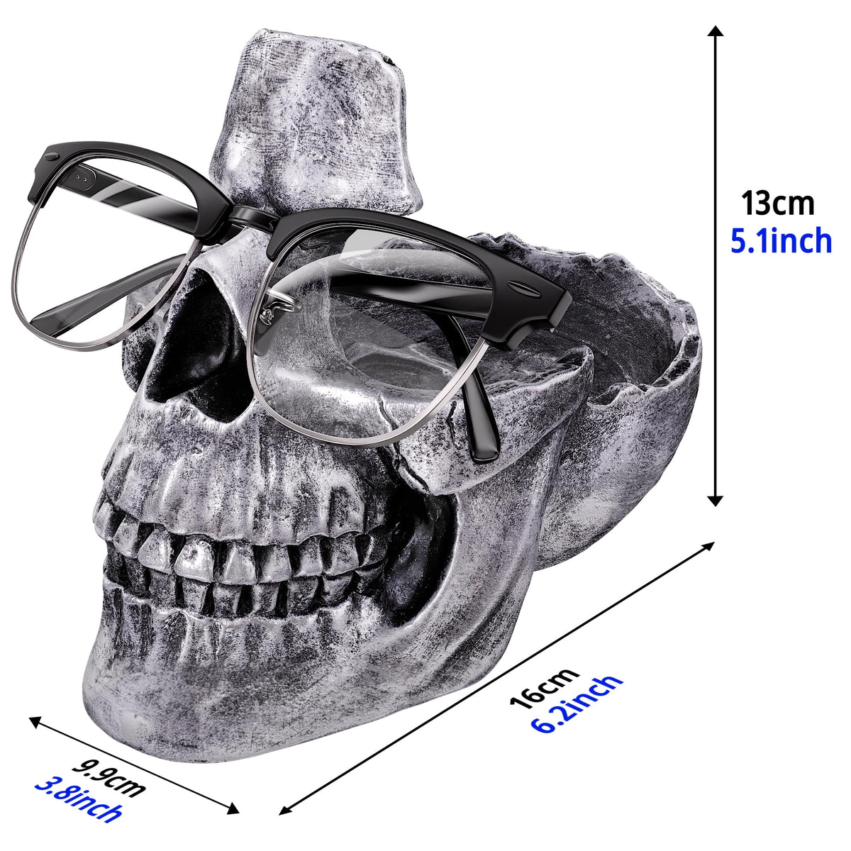 READAEER Skull Glasses Stand Holder, Creative Eyeglasses Holder, Sunglasses Spectacle Display Rack, Key Holder Resin Sculptures for Entryway, Home, Office, Desk, Nightstand (Silver)
