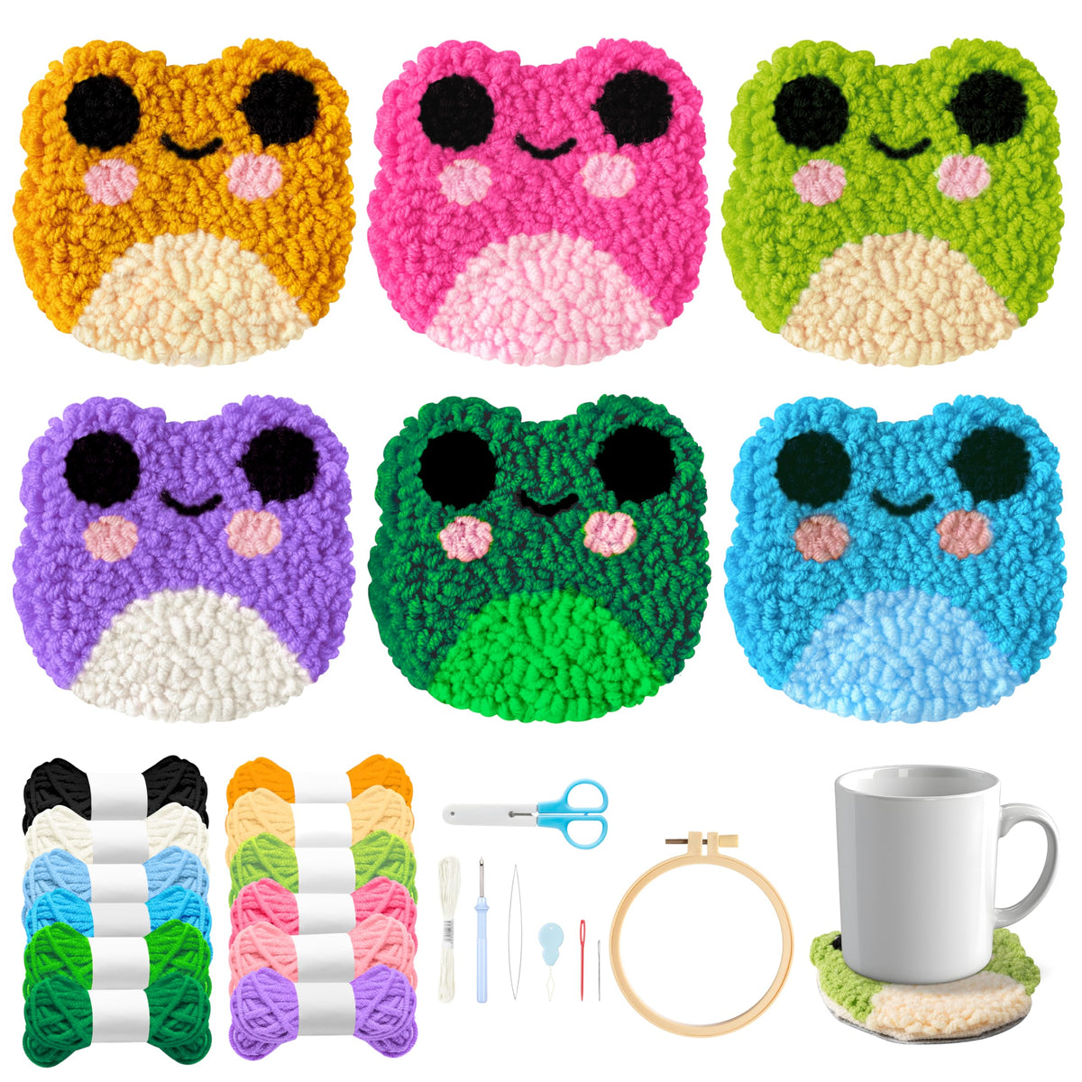 WATINC Frog Punch Needle Coaster Kit - 22Pcs Crafts Punch Needle Coasters Kits for Beginners, Frog Patterns Coaster Tufted Rug Pads with Adhesive Felt Yarns Embroidery Hoop Instruction