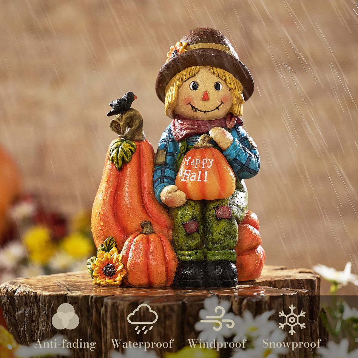 TERESA'S COLLECTIONS Fall Decor, Scarecrow Decor, Autumn Scarecrow Holding Pumpkin with Solar Lights, Waterproof Resin Outdoor Fall Decor, Fall Gifts Outdoor/Indoor,6.3"