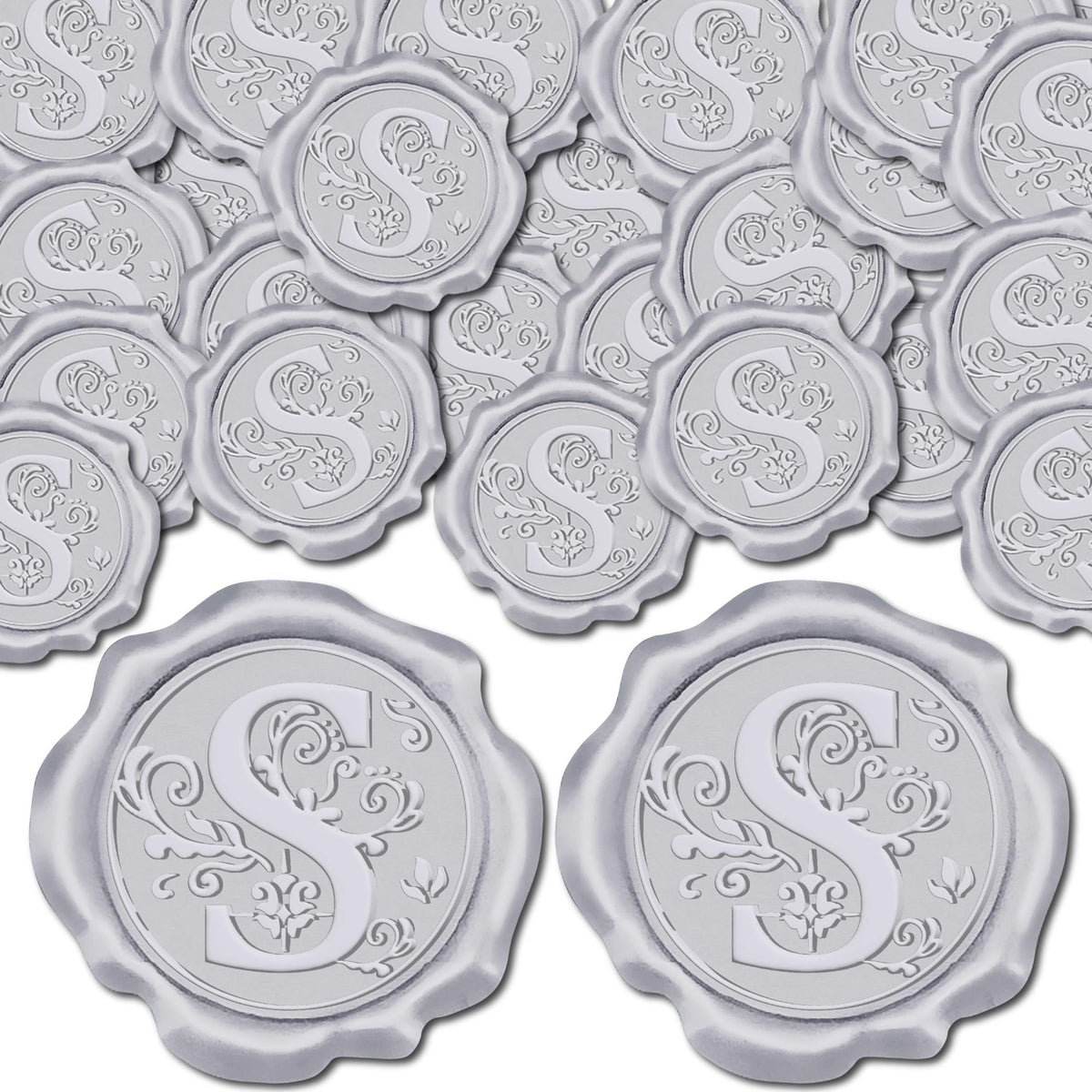 CRASPIRE 100pcs Initial S Wax Seal Stickers Silver Letter Alphabet Self Adhesive Seal Stickers Sealing Label Decal for Gift Wrapping Wedding Birthday Cards Making Christmas Invitations Envelope
