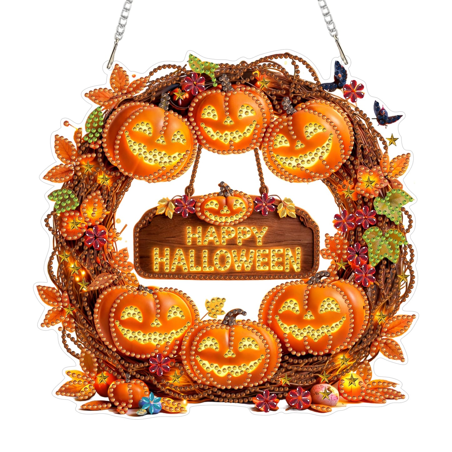 Eiflow Diamond Art Hanging Kit for Adults Halloween Wreath, DIY Diamonds Pearl Painting Door Hanger Board Kit, Special Crystal Diamond Art Painting Pendant Ornament (Happy Halloween)