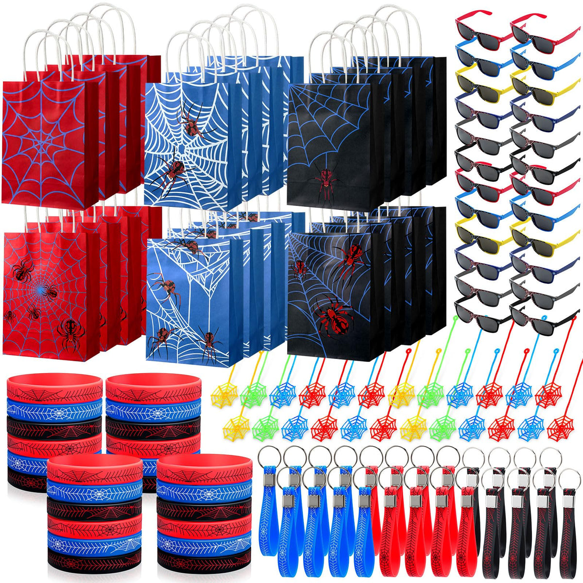 Simgoing 120 Pcs Spider Party Favors Include Spider Sunglasses, Web Gift Tote Bags, Blue Red Black Rubber Wristbands, Silicone Keychains and Sticky Webs for Birthday Comic Themed Party Decoration