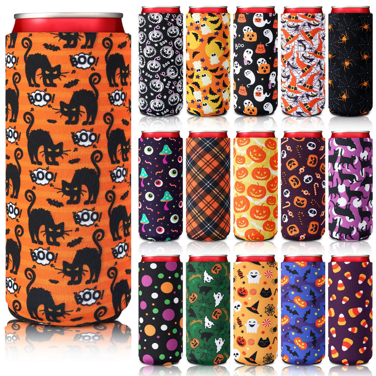 Mimorou 16 Pcs Halloween Can Coolers Sleeves 12oz Xmas Skinny Can Cooler Sleeves Reusable Neoprene Slim Beer Insulator for Halloween Party Favors Decoration Gifts Supplies (Spider)
