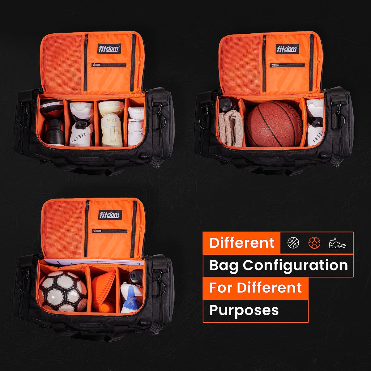 Fitdom Sneaker Bag for Travel, Sneakerhead gift, Sneaker Duffle Outdoor Sports Gym Bag, A Multi-functional Duffel Bag with 3 Adjustable Dividers, & Shoulder Strap. TSA Carry-On Size Approved
