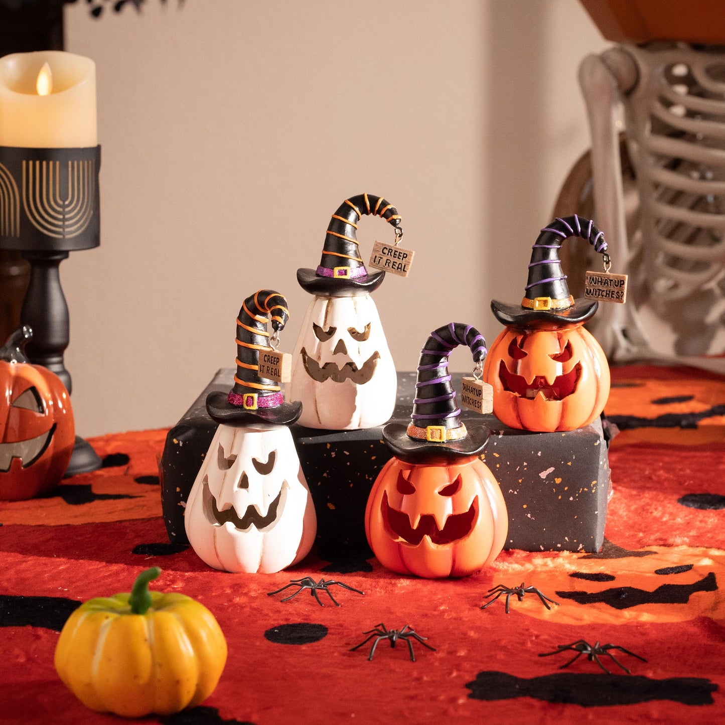 Valery Madelyn Pumpkin Halloween Decorations Indoor for Home, 2Pcs Resin Halloween Figurines with Light, White and Orange Jack o Lantern Decor with Witch Hat for Table Tiered Tray, 5.7" Tall