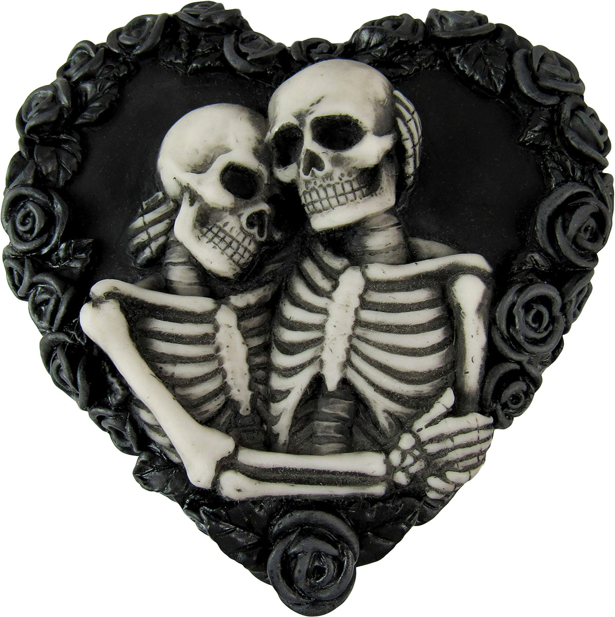 DWK - To Have & To Hold - Beautiful Gothic Skeleton Lovers Embracing on Black Rose Wreath Keepsake Jewelry Trinket Stash Box with Red Interior Romantic Goth Valentine's Day Home Decor Accent, 5-inch