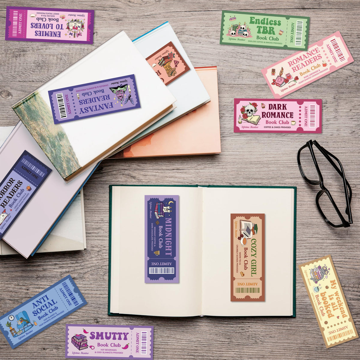 Laffact 120Pcs Funny Book Club Ticket Bookmark, Cowboy Romance Reading Tracker, Dark Romance Horror Anti Social Fantasy Readers Accessories Supplies Bookish Gifts Page Clip for Women Men Book Lover