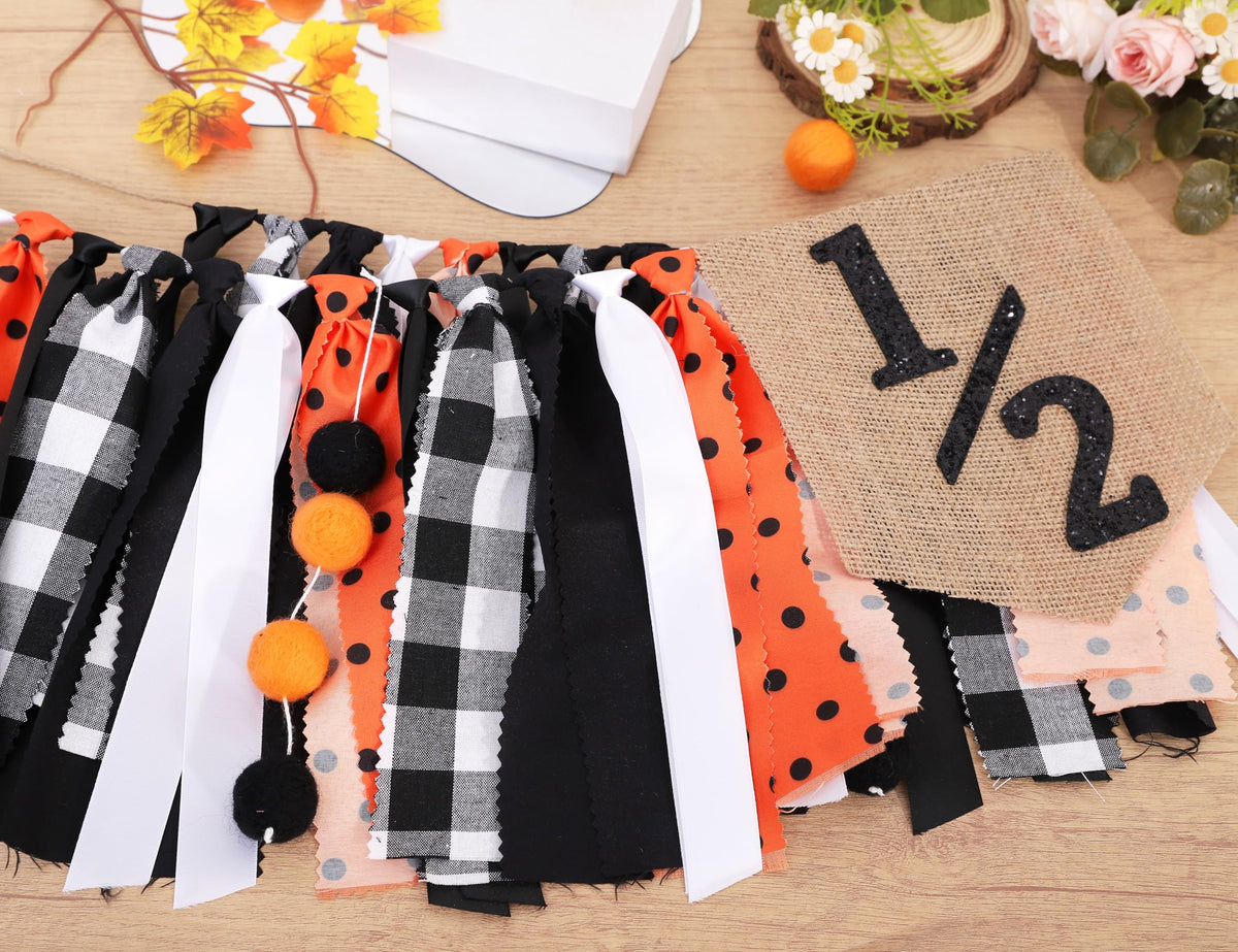 Halloween Half Birthday Highchair Banner - Black Orange Girls Half Birthday Banner, Spooky 1/2 Cake Smash Photo Backdrop, Fall Thanksgiving Day 6 Months Party Supplies