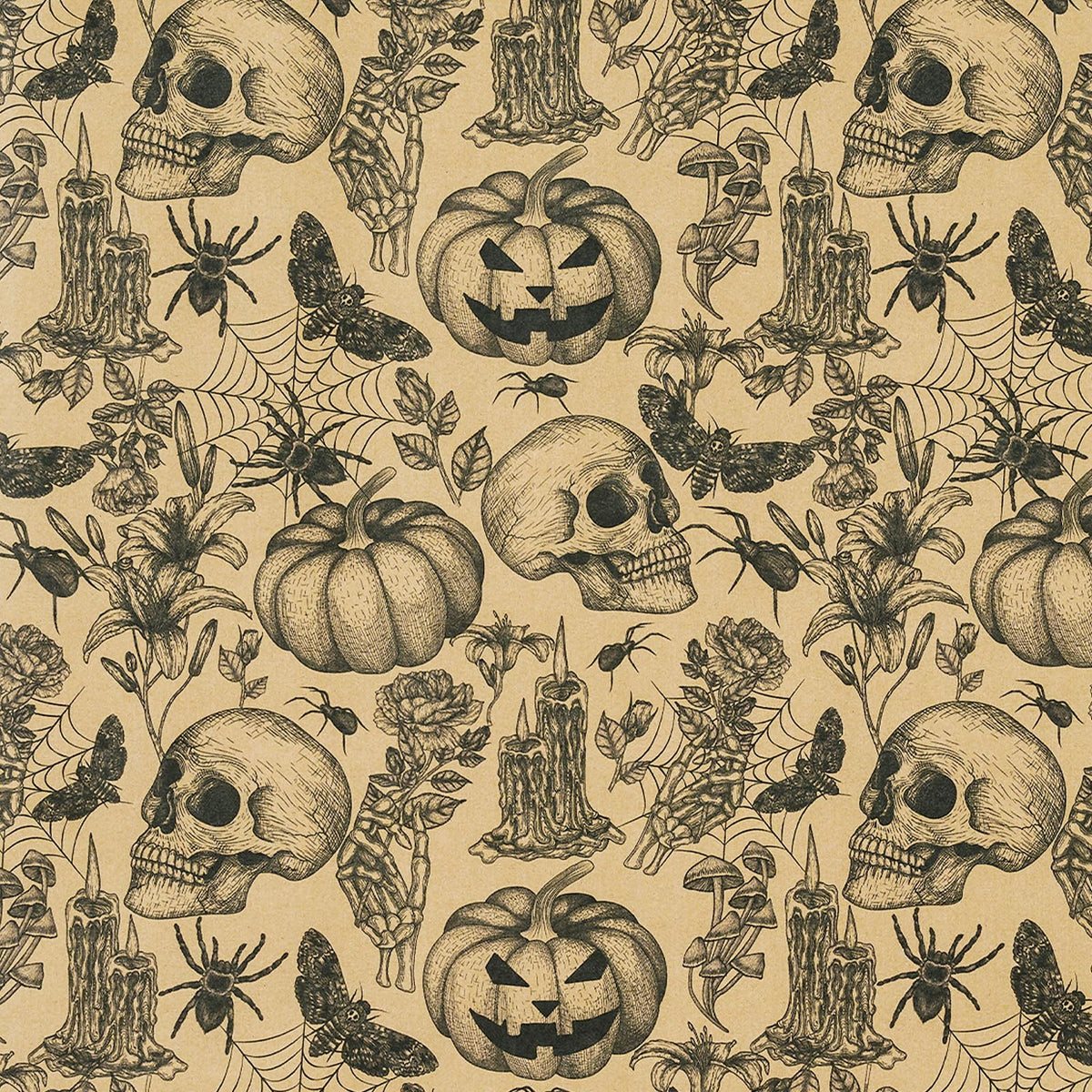 RUSPEPA 30" X 32.8' Kraft Autumn Wrapping Paper Large Paper Roll, Jumbo Roll, Vintage Black Skull, Spider, Pumpkin and Gothic Floral Design Kraft Gift Wrap for Fall Holiday and Halloween Party