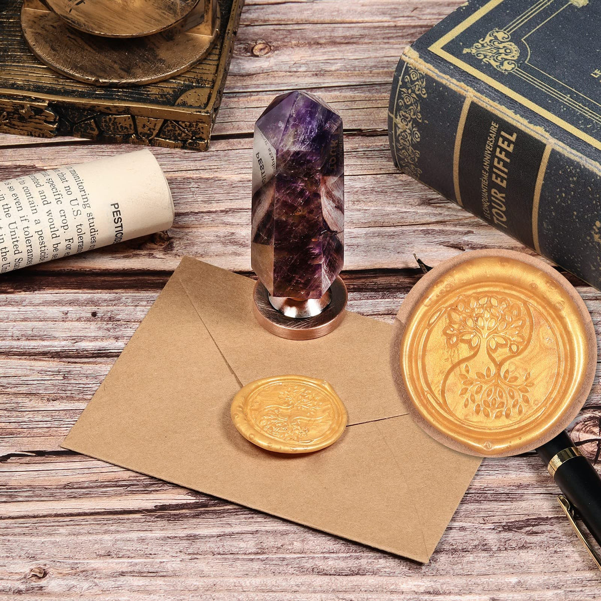 Cheungshing Amethyst Crystal Hexagon Prism Wax Seal Stamp, Detachable Vintage Copper Seals for Invitation Cards for Christmas Halloween Thanksgiving Gift, Twin Symbiotic Tree of Life Pattern