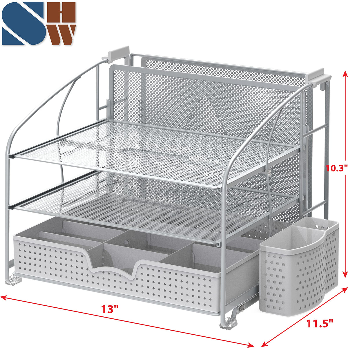 Simple Houseware 3-Tier Desk Organizer with Sliding Drawer, Hanging File Holder and Pen Holder Accessory, Silver