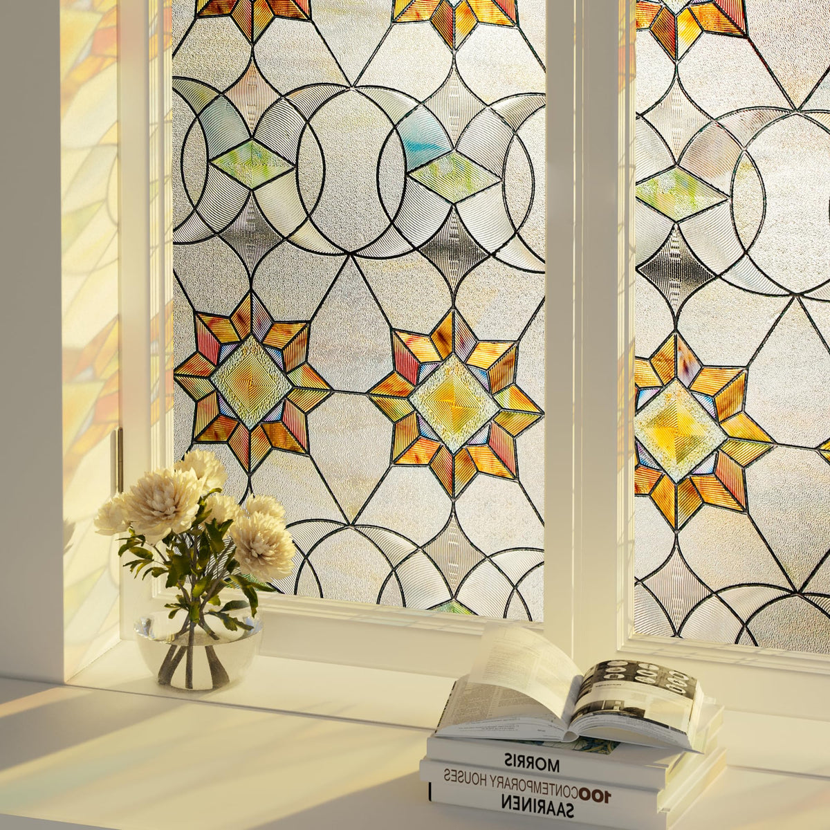 Oxdigi 3D Stained Glass Window Film - Static Cling Privacy Protection & UV Blocking, Floral Geometry Pattern 23.6x35.4 (No Residue, Reusable)